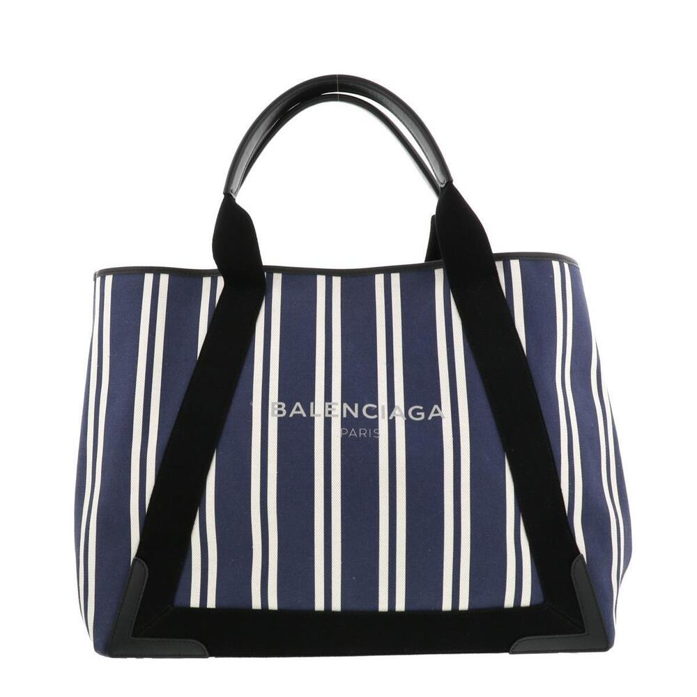 BALENCIAGA Navy Blue Cabas Tote Bag Stripe Handbag
